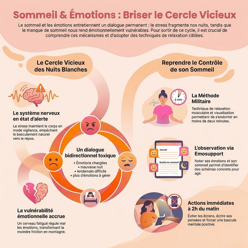 Infographie : comprendre le cercle vicieux entre émotions, stress et réveils nocturnes.
