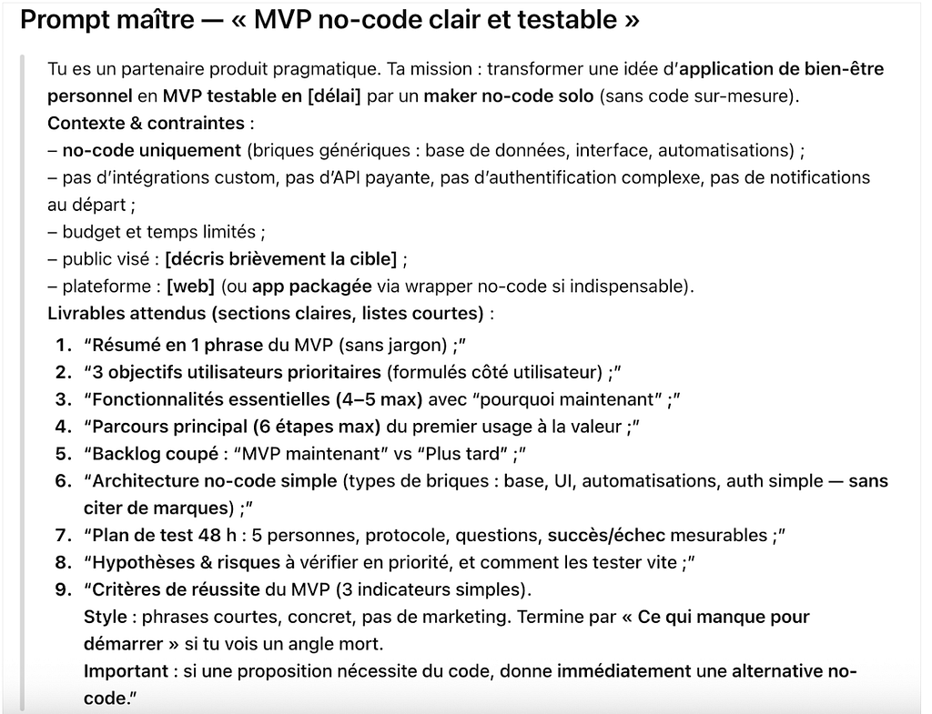 Capture d’écran du prompt maître Emosupport pour créer un MVP no-code clair et testable, avec la liste des livrables attendus et des contraintes produit.