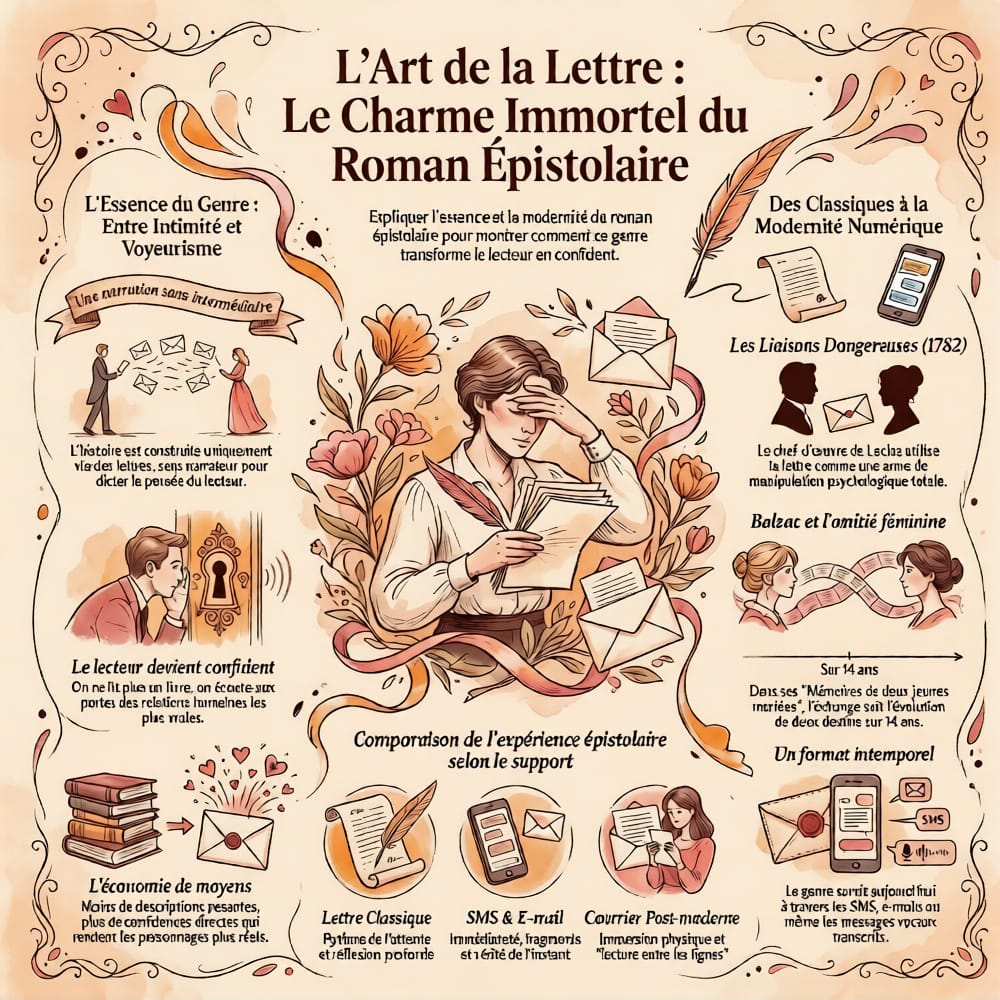 Illustration du roman épistolaire montrant une femme lisant des lettres entourée d’enveloppes, de livres et de symboles évoquant la correspondance, l’intimité et l’évolution du genre de la lettre manuscrite au numérique