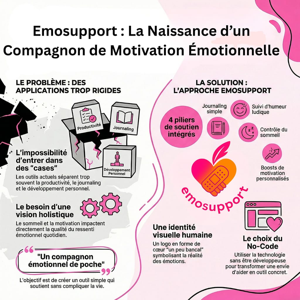 Infographie présentant les 4 piliers de soutien d’Emosupport, une app de motivation émotionnelle : journal émotionnel, suivi d’humeur, sommeil et boosts de motivation.