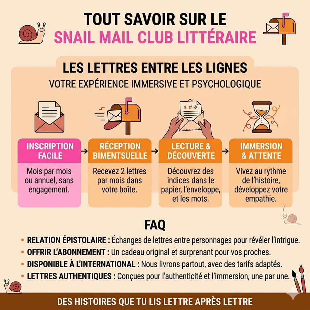 Infographie expliquant le fonctionnement du Snail Mail Club littéraire Les Lettres entre les lignes avec ou sans abonnement, réception de lettres, lecture immersive et expérience émotionnelle.