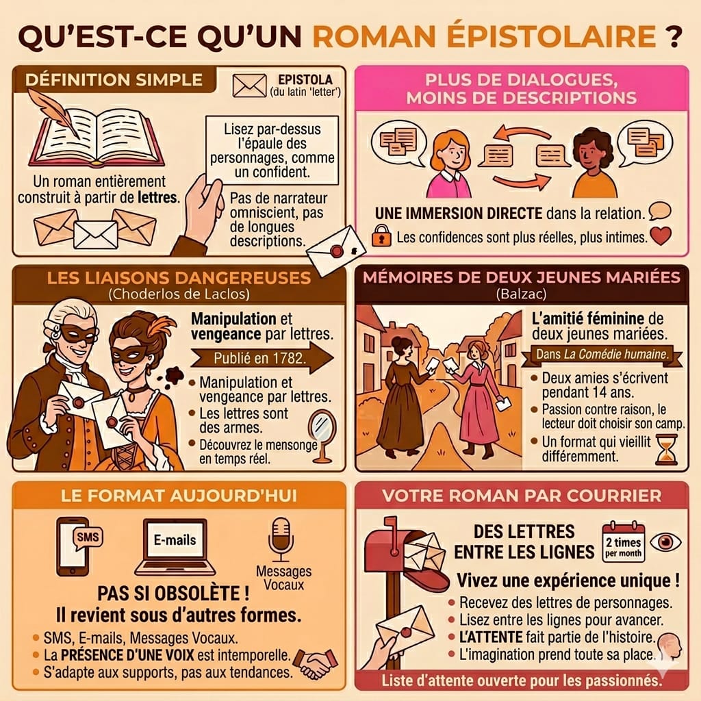 Infographie expliquant le roman épistolaire avec définition simple, caractéristiques du genre, exemples comme Les Liaisons dangereuses et Les Mémoires de deux jeunes mariées.