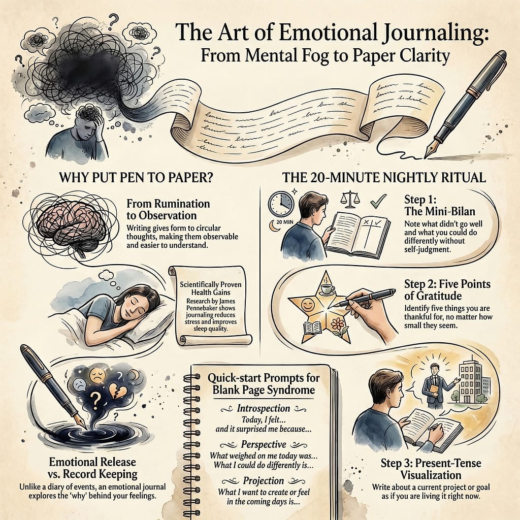 Infographic about emotional journaling showing the benefits of handwriting to clarify thoughts, reduce stress, and improve mental well-being.