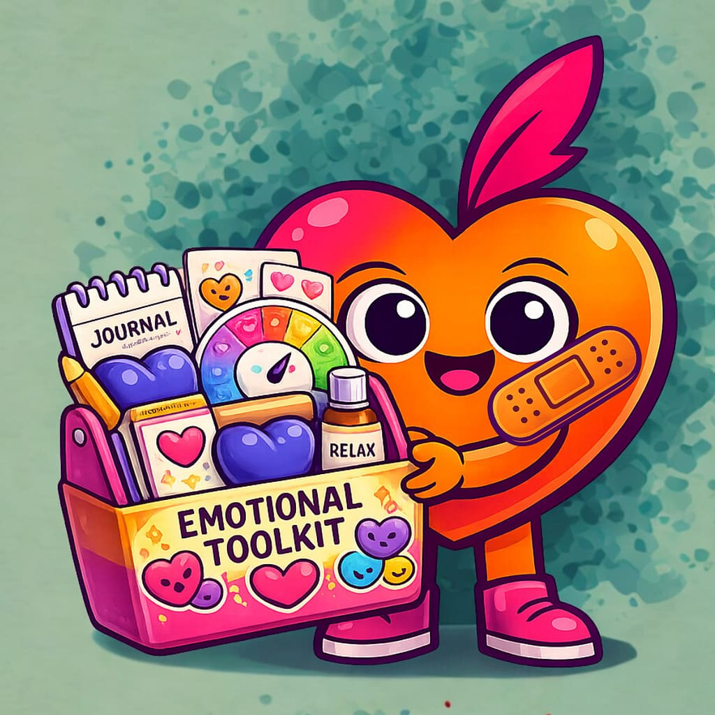 L'Avatar Emosupport tenant une boîte « Emotional toolkit », qui symbolise l’intelligence émotionnelle comme boîte à outils.