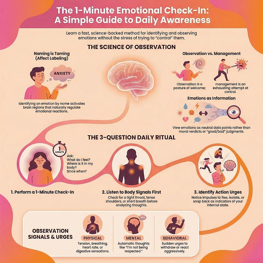 Infographic showing the 1-minute emotional check-in method, explaining how to observe emotions in daily life by noticing four signals: body sensations, automatic thoughts, action urges, and emotional intensity.