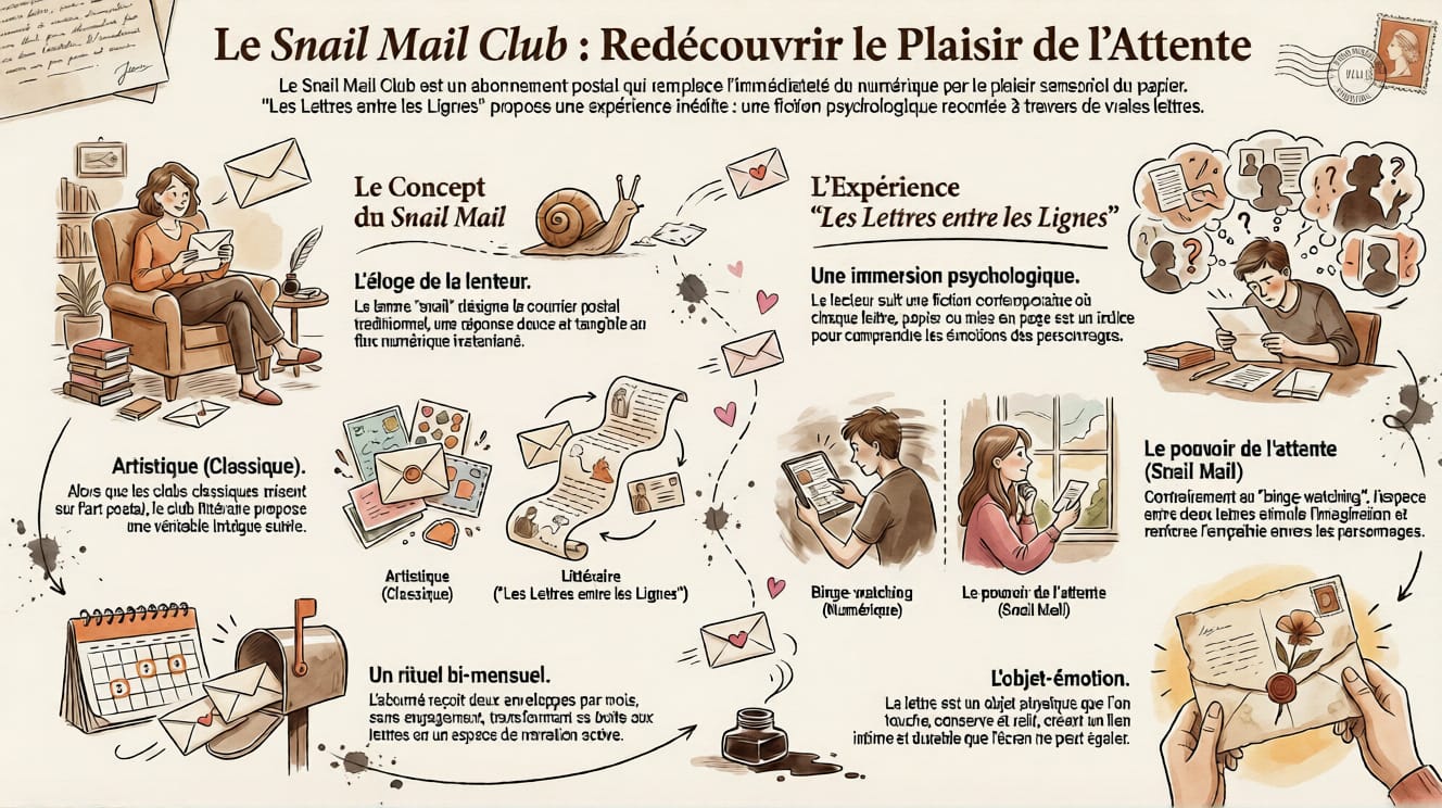 Infographie illustrée du snail mail club montrant une expérience immersive de lettres par courrier avec lecture, écriture et attente du prochain envoi
