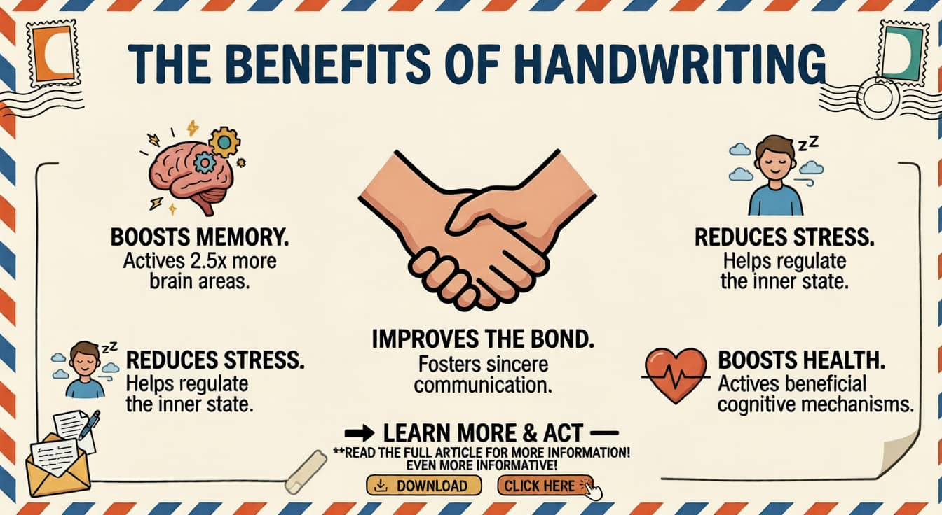 Infographic showing the benefits of handwriting: improved memory, reduced stress, stronger connection and enhanced cognitive abilities.