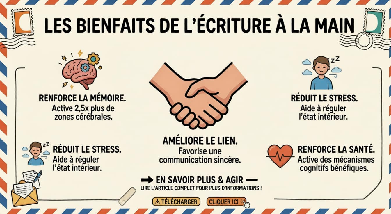 Infographie sur les bienfaits de l’écriture manuscrite : mémoire renforcée, réduction du stress, amélioration du lien et des capacités cognitives.