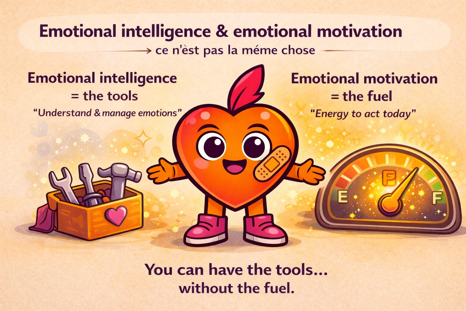 Illustration de l'avatar d'Emosupport entre une boîte à outils et une jauge d’essence.
À gauche : “Emotional intelligence = the tools (Understand & manage emotions)”.
À droite : “Emotional motivation = the fuel (Energy to act today)”.
En bas : “You can have the tools… without the fuel.”