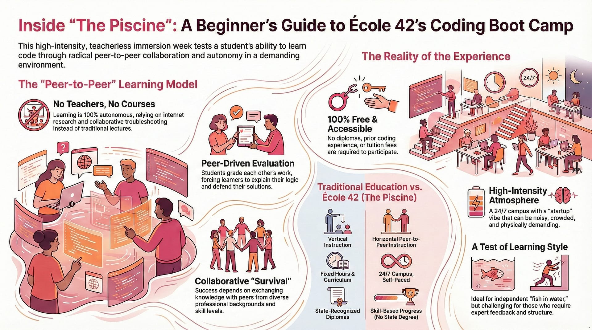 Infographie présentant la Piscine de l’École 42 : immersion intensive en code, apprentissage par les pairs, autonomie et ambiance de campus très intense.