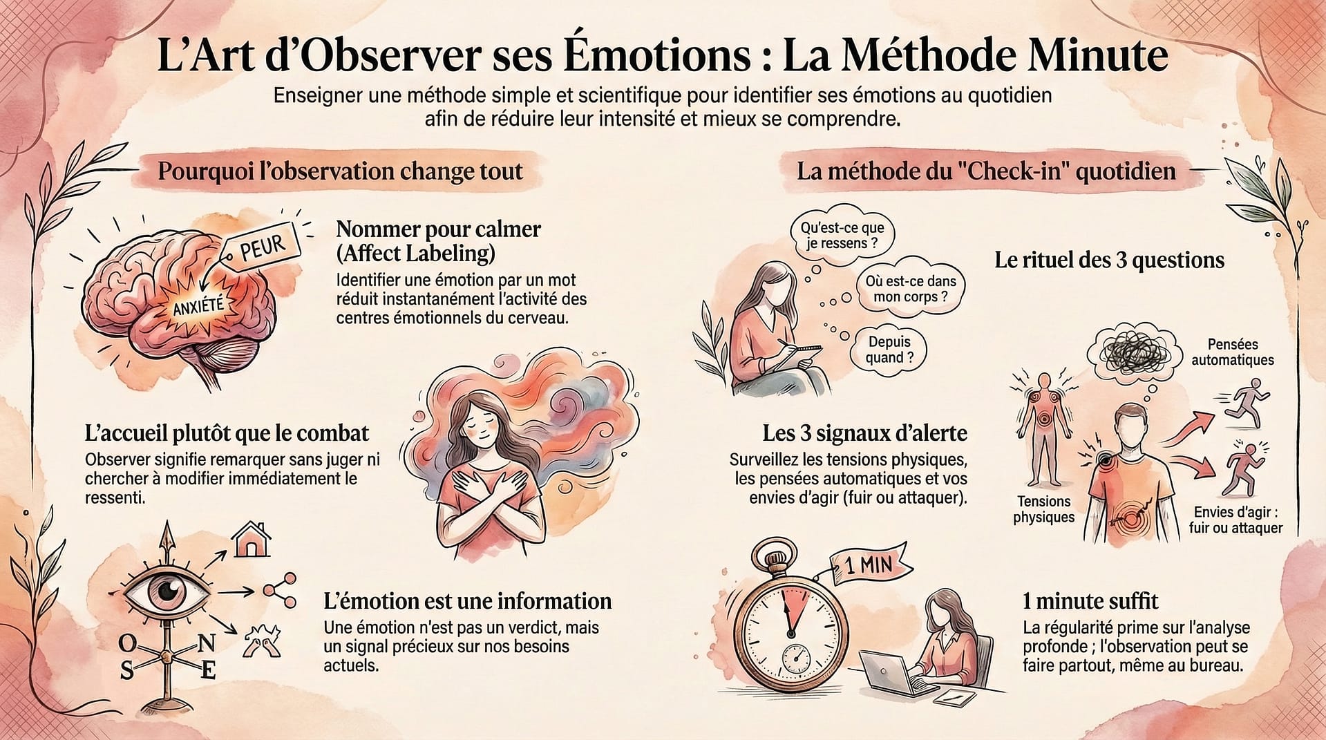 Infographie illustrant le check-in émotionnel en 1 minute : observer ses émotions au quotidien en identifiant quatre signaux clés — sensations corporelles, pensées automatiques, impulsions d’action et intensité émotionnelle.