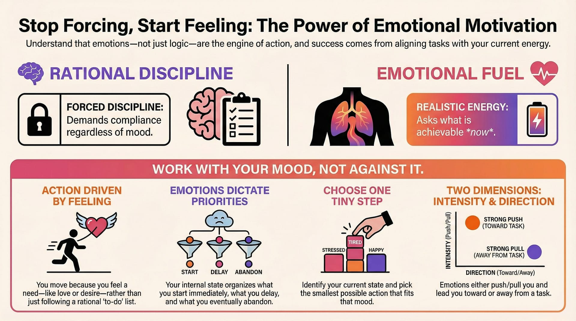 Infographie expliquant la motivation émotionnelle : travailler avec son humeur pour choisir un petit pas adapté plutôt qu’une to-do list rigide.