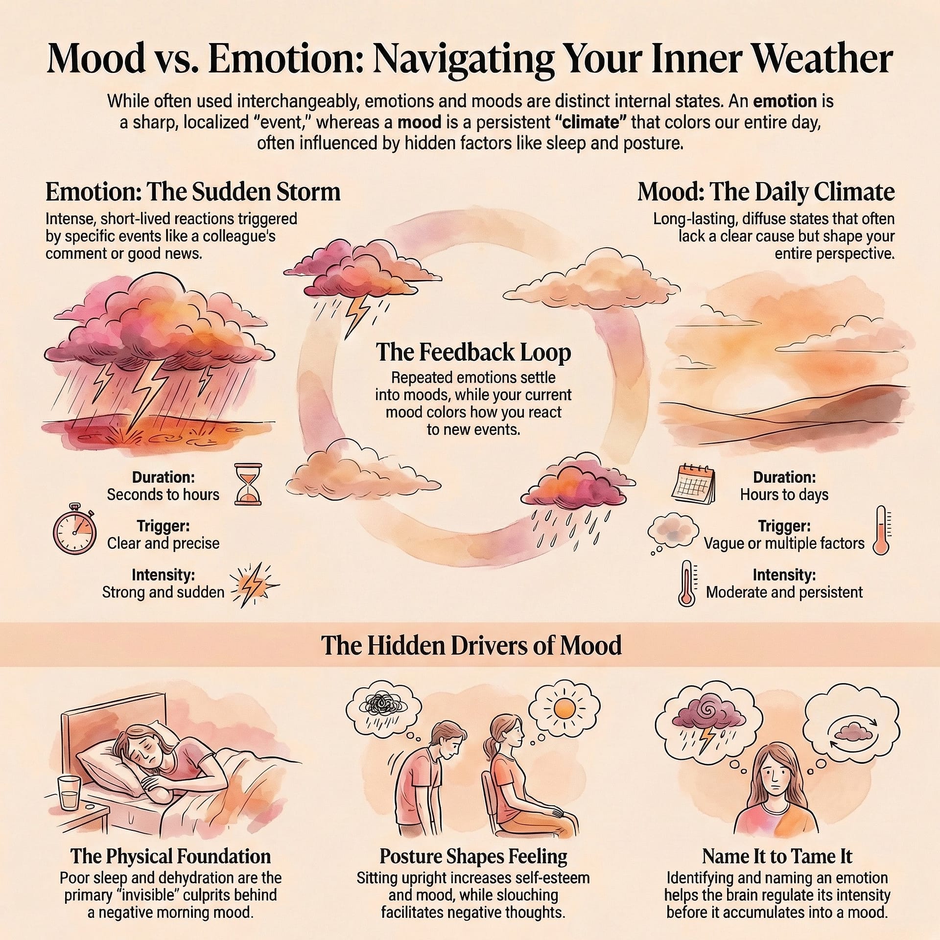 Infographic comparing mood and emotion: two-column table showing key differences in duration, trigger and intensity, with three mood shapers — sleep quality, unobserved emotions and posture