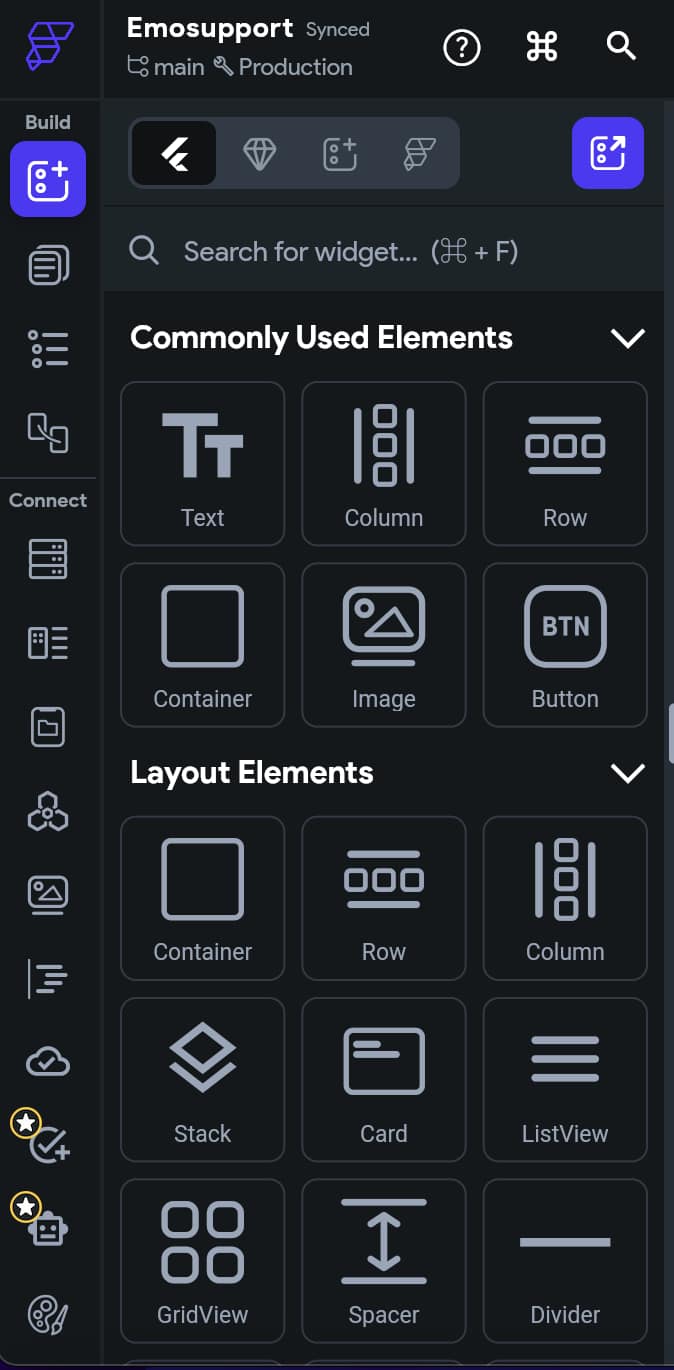 Interface de FlutterFlow montrant les éléments de mise en page (Container, Row, Column, Stack, Card, ListView, etc.)